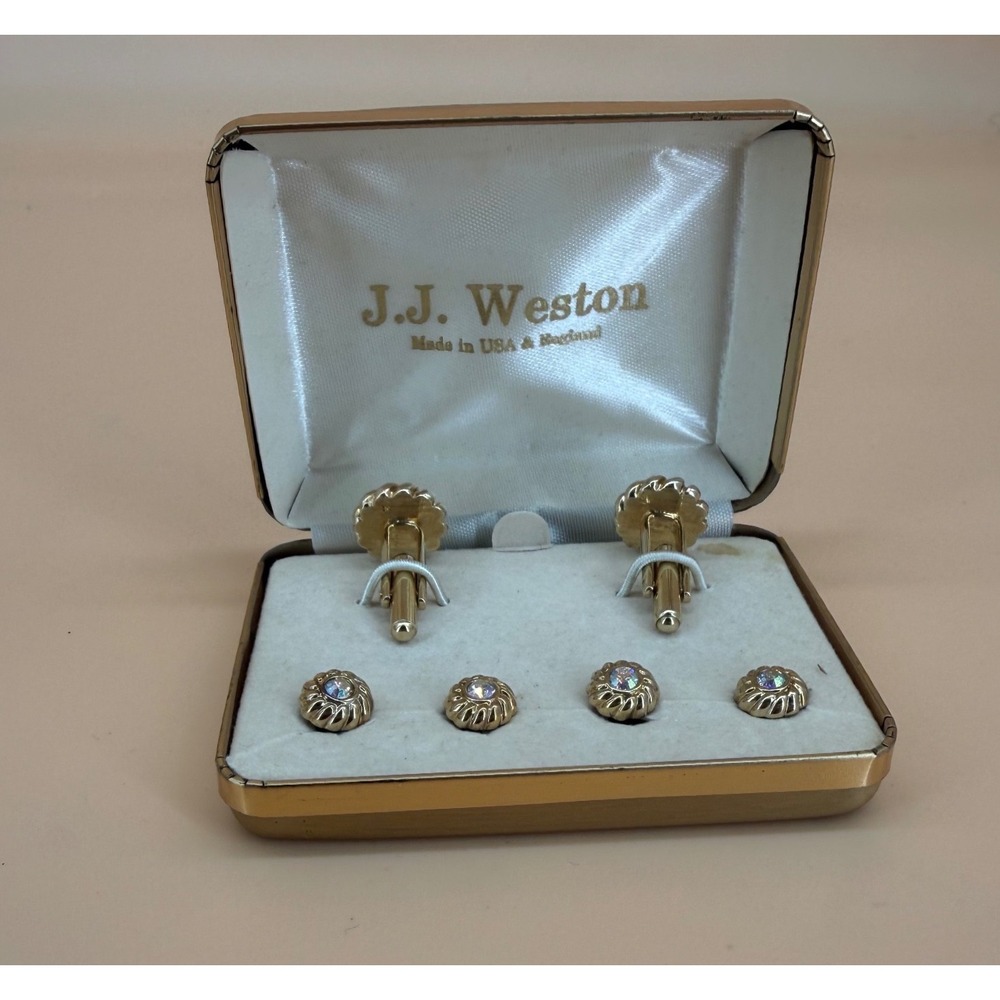 JJ Weston Cufflink Stud Set Men OS Gold Excellent Twisted Rope Crystal Vintage